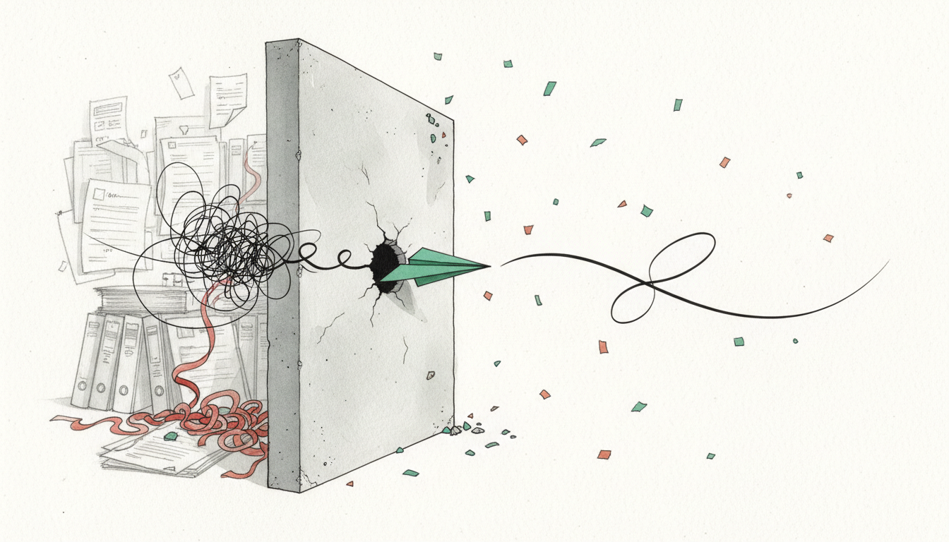 A paper airplane breaking through from chaos to clarity